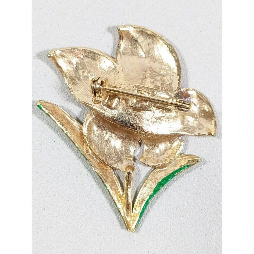 Gold Tone Purple green Iris‎ Flower Pin Brooch